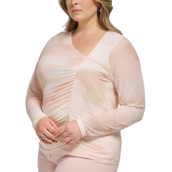 CALVIN KLEIN Plus Size Pink Asymmetrical-Neck Ruched Long-Sleeve Top NWT - Picture 2 of 7